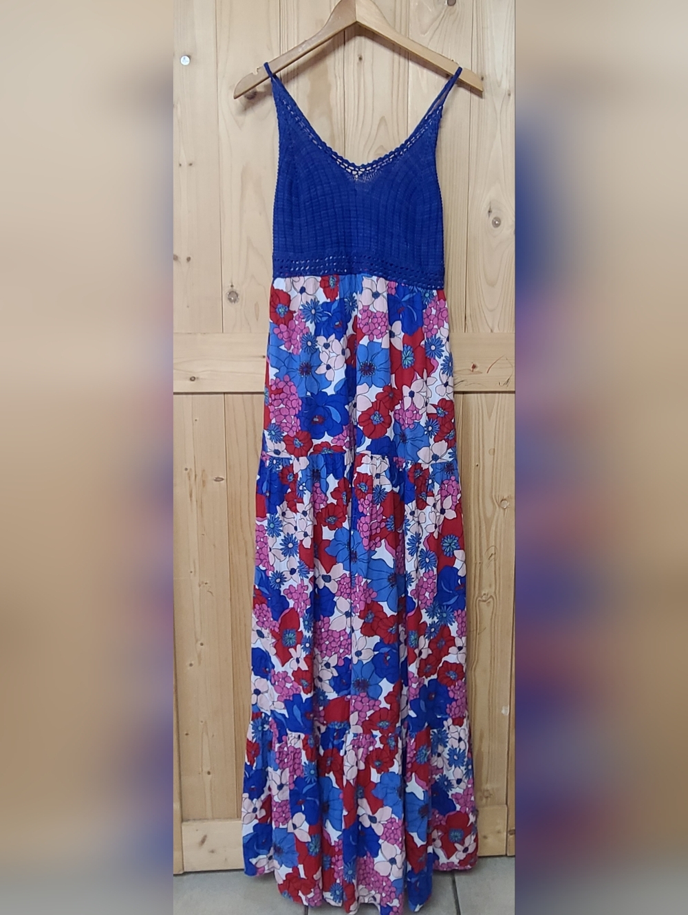Tori Richard Bohemian Floral Maxi Dress with Royal Blue Crochet Bodice - Picture 2 of 12